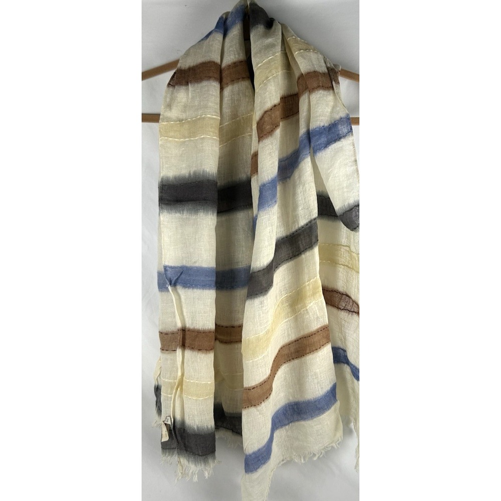 NWT Altea 100% Linen Large Striped Scarf Fringe Neutral Lightweight Italy